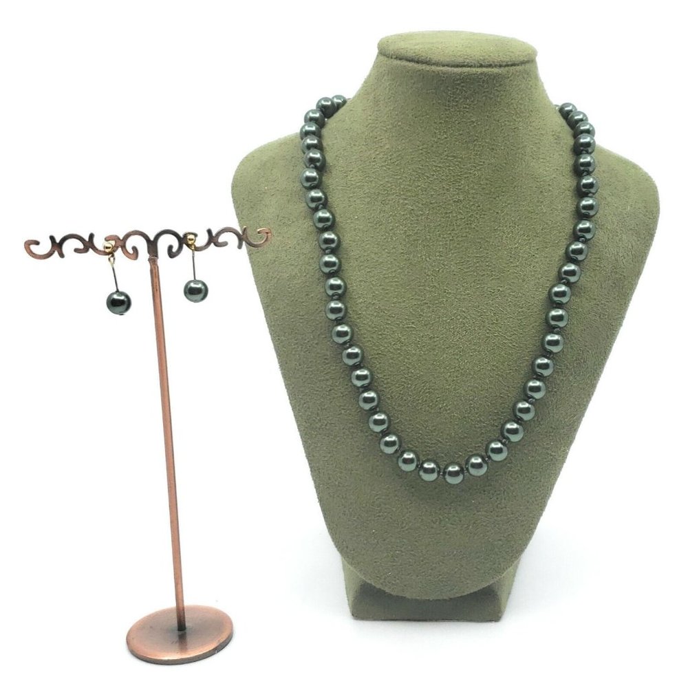 Faux Pearl Necklace with Matching Earrings Set Dark Green